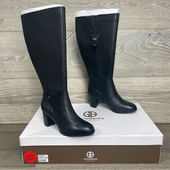 Giani Bernini Adonnys Leather Zipper Memory-Foam Wide-Calf  Black Riding Boots - Picture 3 of 15